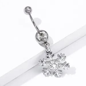 Silberfarbenes Piercing mit glitzerndem Strass Schneeflocken Anhänger für Bauchnabel.