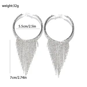 Silberne Strass Quasten Creolen Ohrringe, glitzerendes Kristall Fransen Design für elegante Partys.