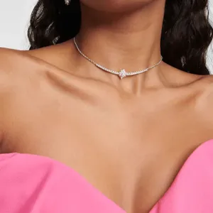 Rheinstein Tennis Choker Halskette mit zentralem Blumenanhänger modischer Schmuck
