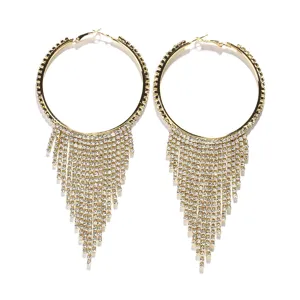 Goldene große Creolen mit Strass Fransen Ohrringe Kristall Quaste Party Schmuck Damen Mode