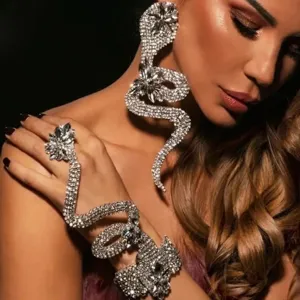 Übertriebene Schlange Strass Handkette Armband Ohrringe Set Gold Silber Galvanisiert Kristall Körperschmuck Für Bühne Party Damen