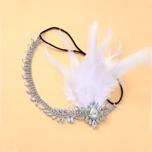 Vintage 1920s Gatsby feather rhinestone headband sparkling crystal hair chain party accessory