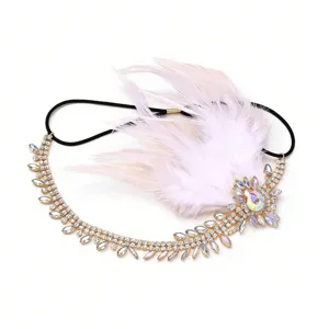 Vintage 1920s Gatsby feather rhinestone headband luxury crystal hair chain for party wedding
