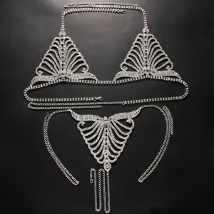 Sexendes Strass Körperkette Set, glänzende silberne BH und Tanga Kette für Party Mode.