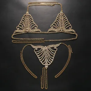 Elegante goldene Strass Körperkette Set, funkelnde BH Taille Kette für Party und Club.