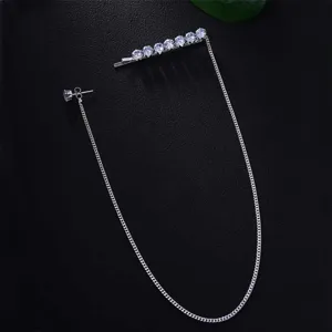 Rhinestone hairpin tassel chain earring, silver fashion hair jewelry for women detail shot.