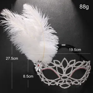 Feather rhinestone masquerade mask detail view, elegant retro party accessory specs.