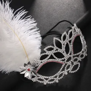 Elegant feather masquerade mask with sparkling rhinestones and crystal flower for party wear.