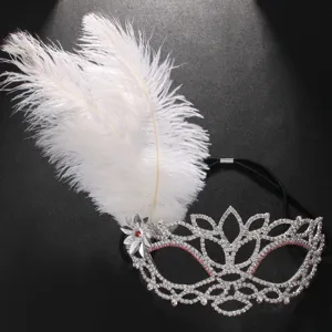 Detailed shot of a gorgeous white feather rhinestone masquerade mask for party costume.