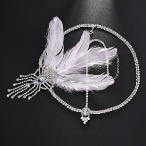 1920s Flapper Feather Head Chain Vintage Gatsby Rhinestone Headpiece Party Hair Jewelry