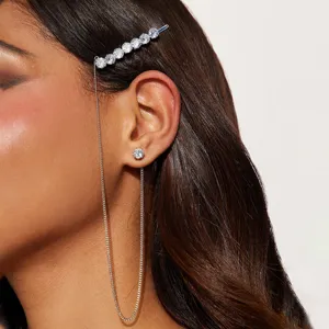 Rhinestone Barrette Hair Clip With Tassel Chain Earring Combo Individual Design Golden Silver Hair Accessories For Women Wedding Party Jewelry