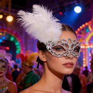 Women Elegant Feather Mask Court Vintage Hollow Out Rhinestone Masquerade Mask For Halloween Carnival Party Accessories