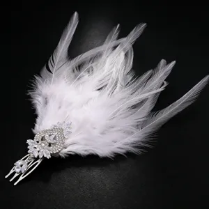 Rhinestone feather hair comb detail close-up, elegant white feather wedding party hair accessory.