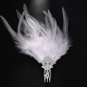Exquisite white feather rhinestone hair comb, vintage sparkling bridal side hair accessory.