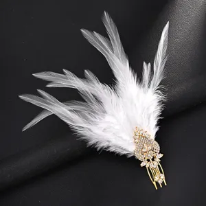 Vintage rhinestone feather hair comb elegant side clip crystal hair accessory for party prom