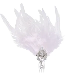 Vintage white feather rhinestone hair comb, elegant sparkling crystal side hair piece for party.