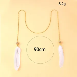 Vista di dettaglio della catena dorata con piume per accessorio viso festa decoro.