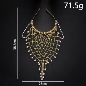 Vintage court style metal mesh pearl hair chain headpiece elegant party hair accessory