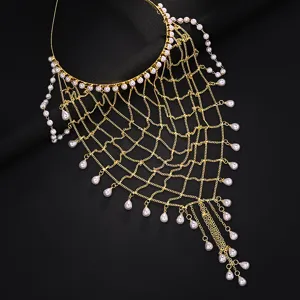 Gold metal mesh hair chain detail with pearl pendants, elegant vintage court style headpiece.