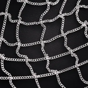 Silver metal chain mesh accessory detail shot, sparkling interconnected links for elegant styling.