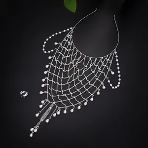 Vintage palace style metal mesh hair chain with elegant pearl pendants for party headpiece.