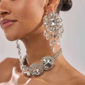 Luxus Legierung Strass Halskette Fransen Ohrringe Set Für Damen Statement Schmuck Für Hochzeit Bankett Party