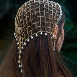 Vintage Retro Palace Style Metal Mesh Hair Chain Headband With Artificial Pearl Pendant Elegant Wedding Prom Headpiece For Women Jewelry