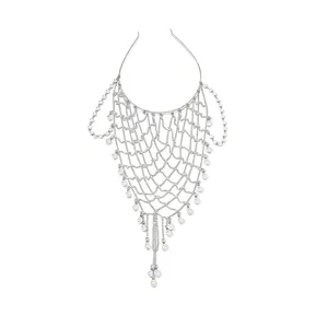 Exquisite silver metal mesh hair chain with pearl pendants vintage palace style headpiece