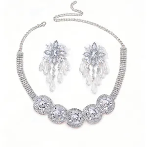 Luxus Strass Halskette und Quasten Ohrringe Set, elegante Kristall Schmuck für Party.