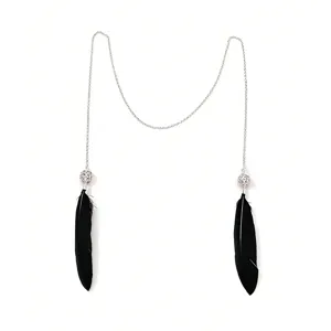Elegante catena viso argento strass palla piuma nera nappa festa orecchio gioielli