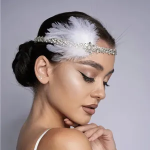 Vintage Great Gatsby Feather Rhinestone Hair Chain For Women Luxury Feather Headpiece Party Prom Wedding Fashion Hair Accessories