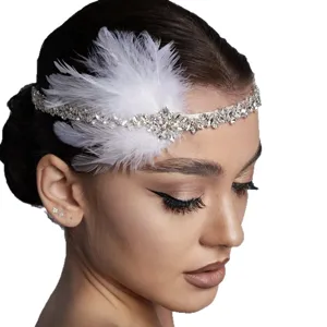 1920s Gatsby feather rhinestone headband vintage hair chain party headpiece accessories