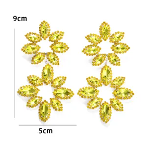 Übertriebene gelbe Strass Ohrringe doppelte Blume Kristall hängende Schmuckstücke 9x5cm