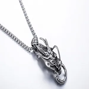 Retro titanium steel dragon pendant necklace detail view, vintage gothic silver jewelry
