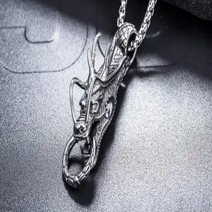 Close-up detail of vintage retro silver dragon head pendant necklace with exquisite texture.