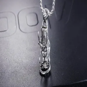 Men vintage titanium steel dragon head pendant necklace detailed close up accessory view.
