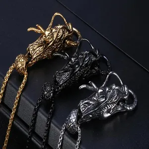 Men's retro dragon head necklace titanium steel punk vintage pendant jewelry detail view.