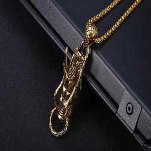Men's retro gold dragon pendant necklace, titanium steel ziac jewelry, vintage style accessory