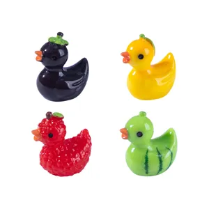 Cute mini fruit resin ducks set, colorful small duck figurines for DIY micro landscape decor.
