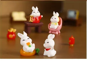 Miniatures de lapins en résine mignons pour décoration du Nouvel An, petites figurines d'animaux.