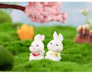 Resin rabbit figurine detail shot, cute cartoon animal miniature for DIY garden micro landscape.