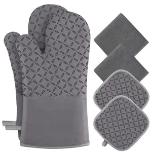 Grey silicone oven mitts and pot holders set heat resistant kitchen baking gloves
