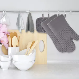 Gray silicone oven mitts and pot holders heat resistant kitchen baking gloves set anti-slip