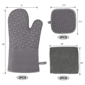 Grey silicone oven mitt, pot holder and towel set for kitchen baking and daily cooking use.
