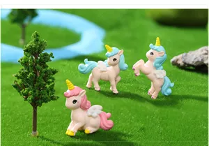Cute unicorn figurines mini landscape DIY decoration resin cartoon ornament set for desktop.