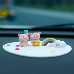 Cute cartoon pig car dashboard ornament with rainbow cloud anti-slip mat desktop decor