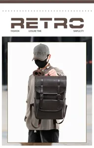 Retro Herren PU Leder Rucksack mit Klappverschluss, Doppelschnallen und Fronttasche.
