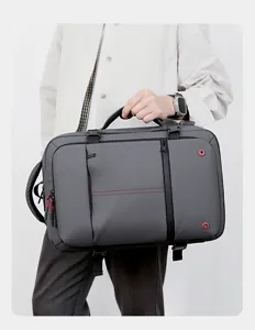 Detail view of the multi-functional business travel backpack in dark grey color fabric.