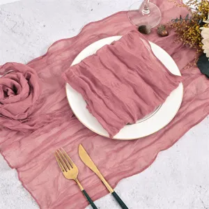 Dusty pink gauze table runner boho wedding party decoration soft pleated fabric dinner napkin.