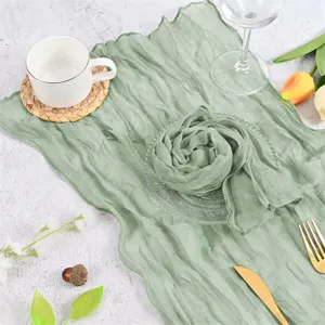 Sage green gauze table runner boho wrinkled napkin detail for wedding party dining table decor.